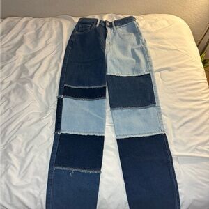 Hollister Women's Straight Leg Jeans - Dark and Light Blue Patchwork